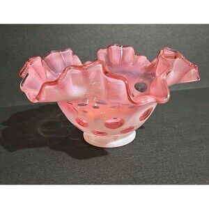 Fenton Cranberry Opalescent Coindot Candy Ribbon Edge Ruffled 7" Bowl, Vintage